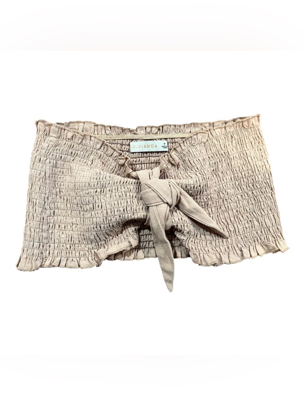 O. Vianca Smocked Bandeau Tube Top Beige Tie Front Size M NWOT
